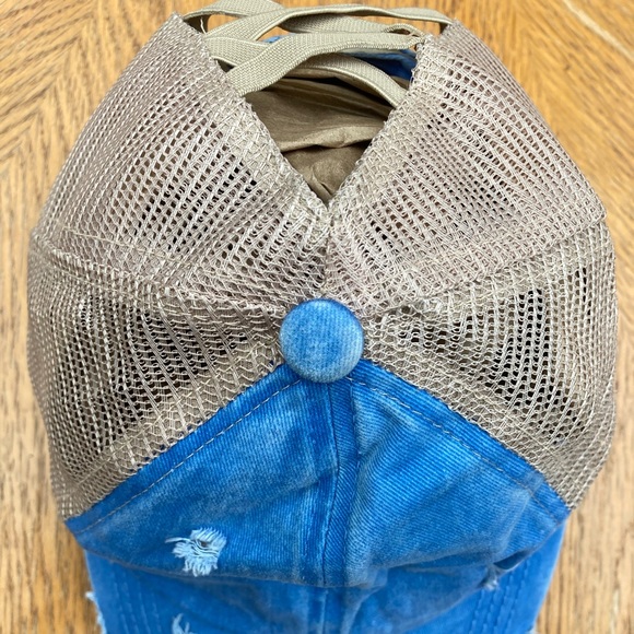 C.C BEANIE BLUE DISTRESSED CRISS CROSSED PONYTAIL BASEBALL CAP, WOMEN, ADULT - Picture 5 of 11